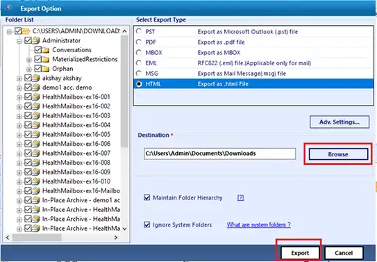 select destination location and click export
