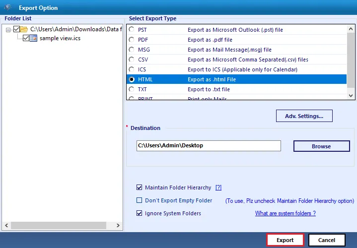 click on the export button
