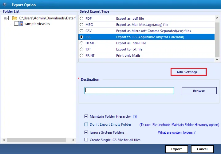 choose ICS as output format