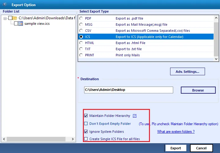 choose the option of create single ics files for all file
