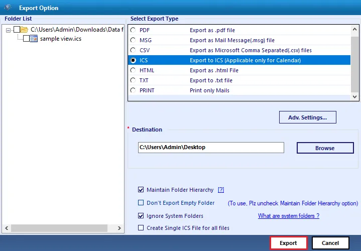 click on the export button