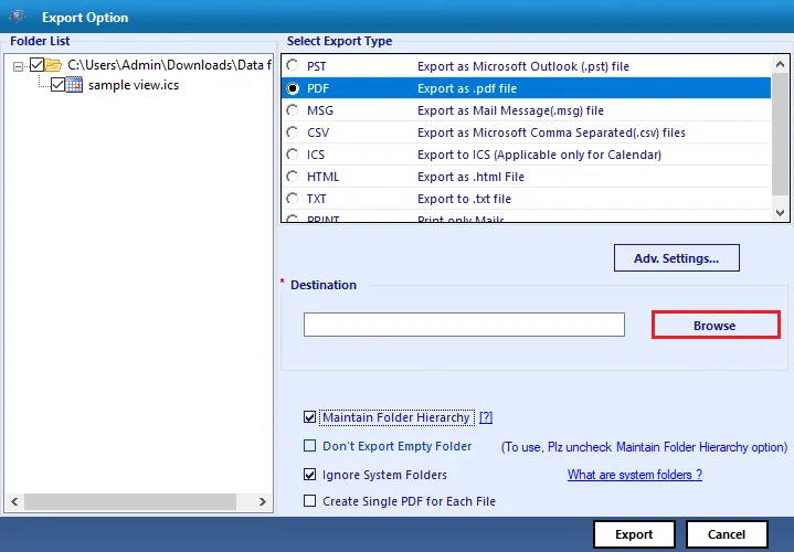 choose browse to select the location