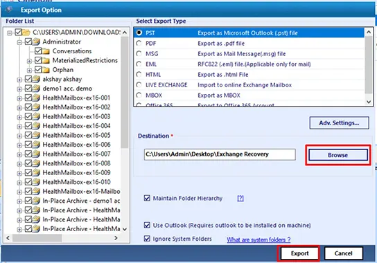 export recovered exchange calendars