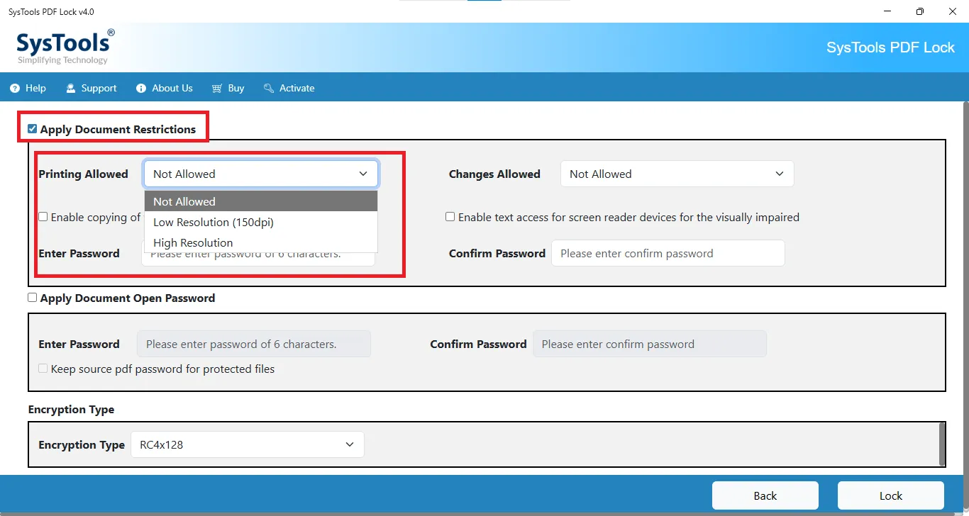 click apply document restrictions for pdf owner password