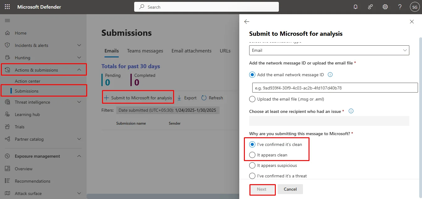 Submit a false positive email to add in a Outlook 365 Whitelist