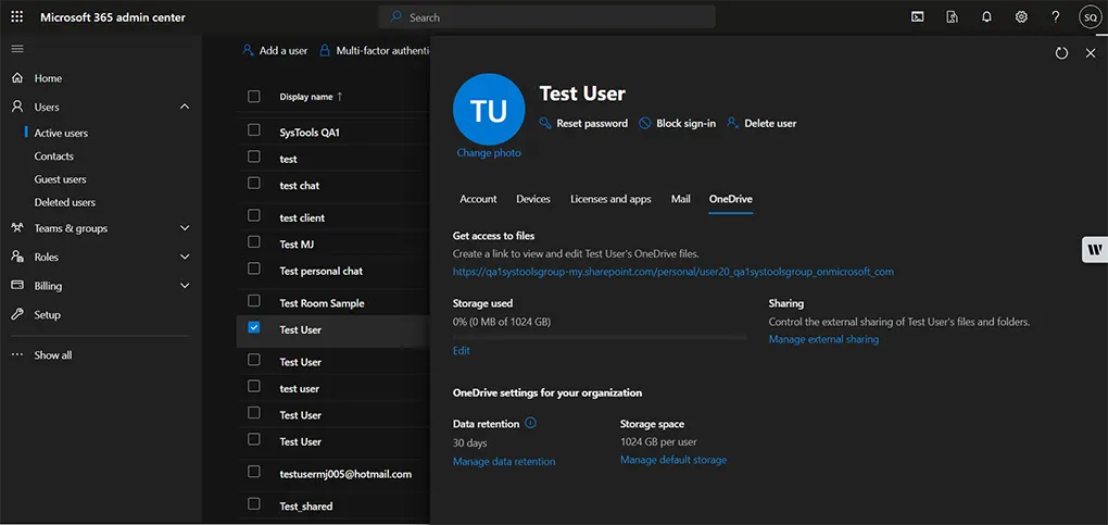test user account onedrive tab link
