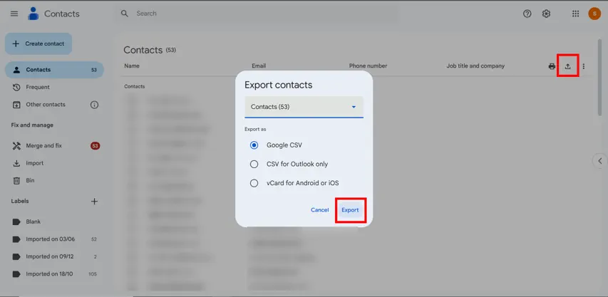 export the contacts
