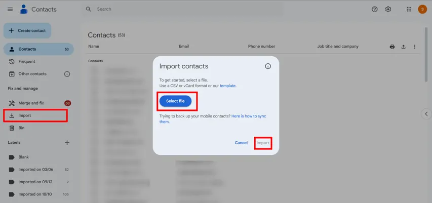 import the exported contacts