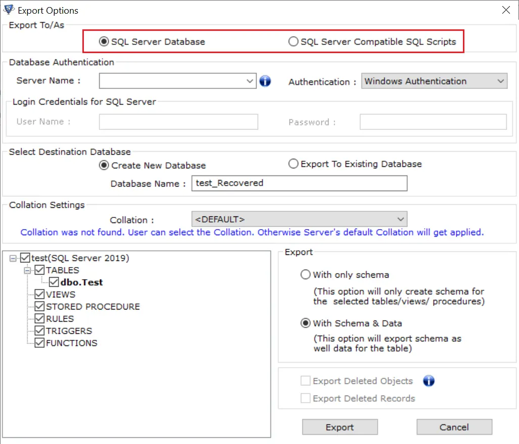 Select Export Options