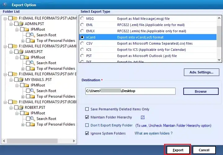 9: Export PST to VCF