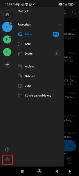 Go to Settings to Whitelist on Outlook Mobile 