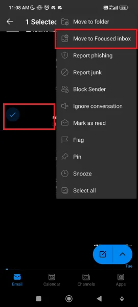 "Move to Focused Inbox." for a Mobile While list