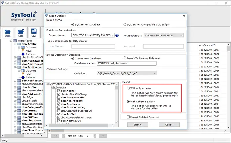 choose export to schema and schema & data