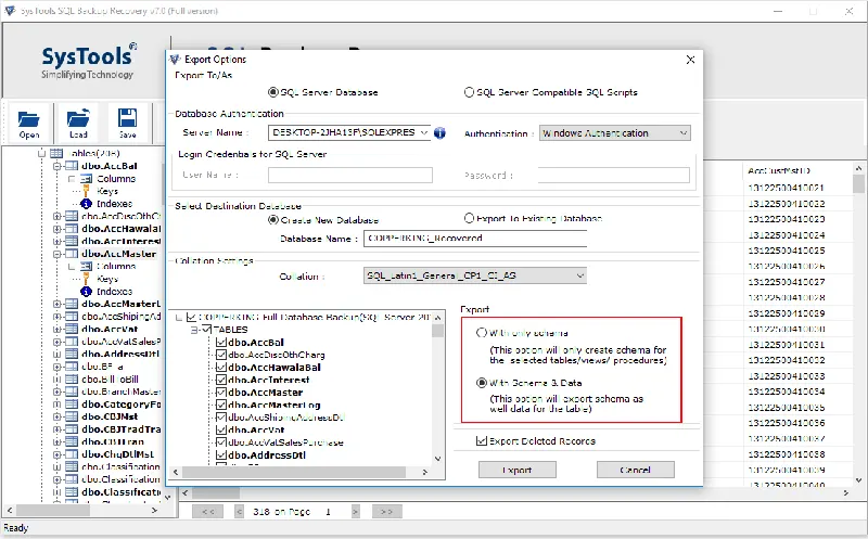 export with schema and data