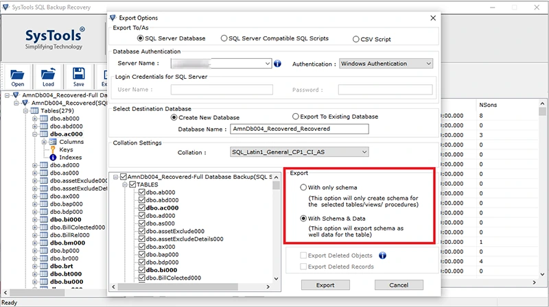 select schema & export