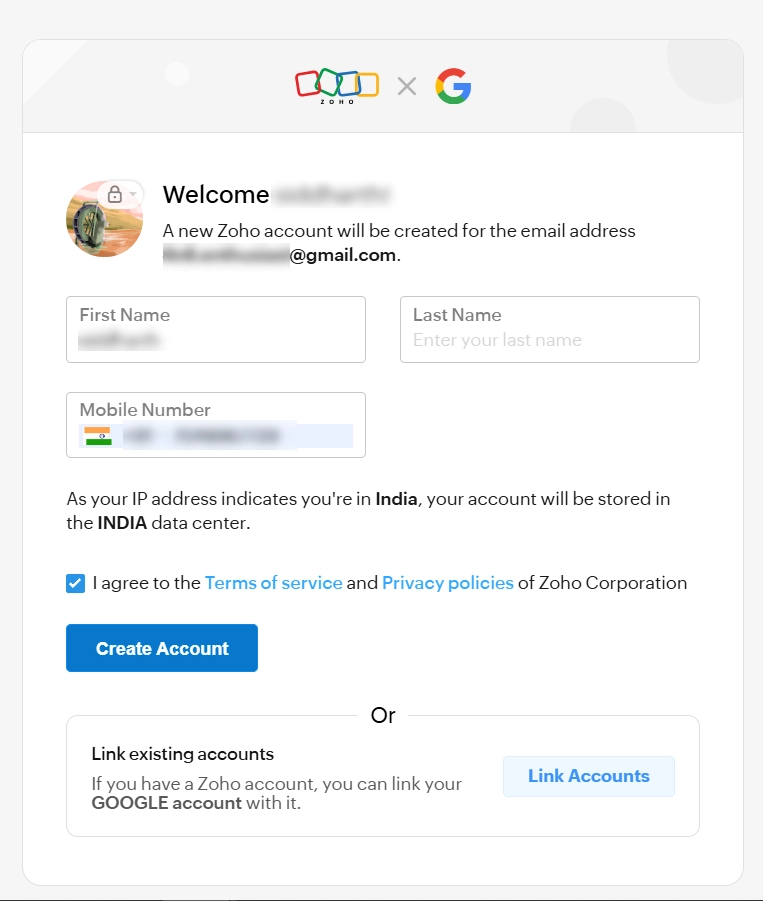 Use Google to Make Zoho ID